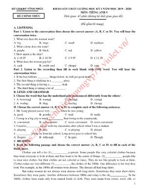 Đề khảo sát chất lượng học kỳ I môn Tiếng Anh Lớp 9 - Năm học 2018-2019 - Sở giáo dục và đào tạo Vĩnh Phúc (Có đáp án)
